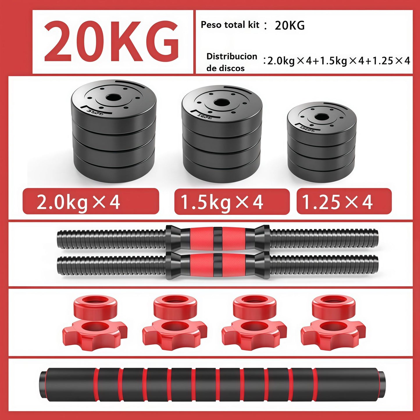 Set Mancuernas Y Barra Armable 20kg